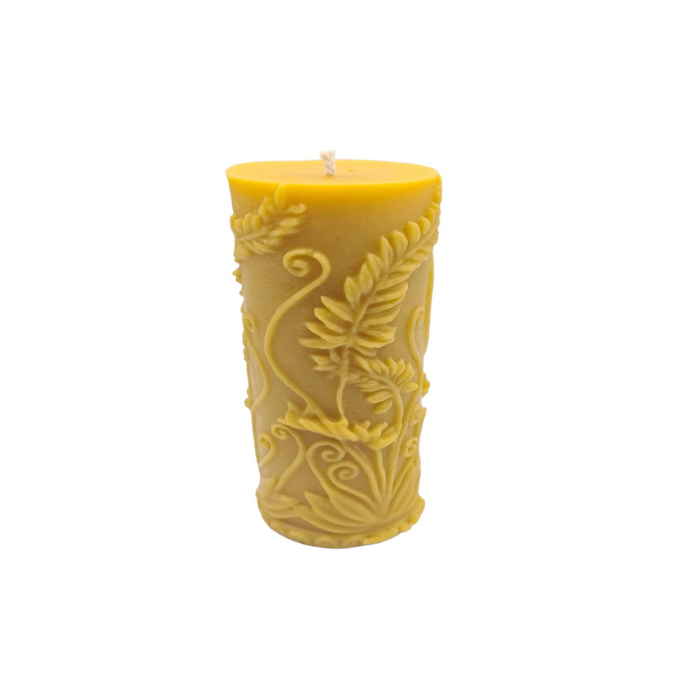 Beeswax church candle with a rustic fern surface finish