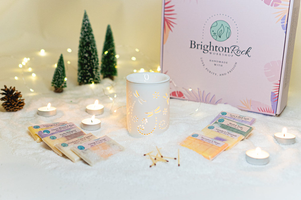 Wax melt burner gift set shown in use