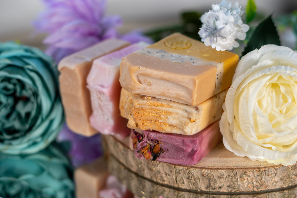 Strawberry and rhubarb clay soap bar shown from above