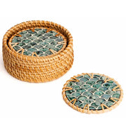 Rattan & Mother of Pearl Coaster Set | Handmade, 6-Piece with Holder
