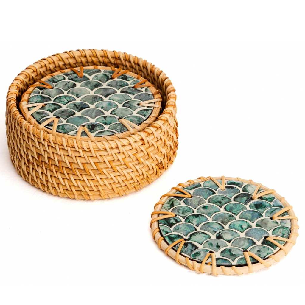 Rattan & Mother of Pearl Coaster Set | Handmade, 6-Piece with Holder