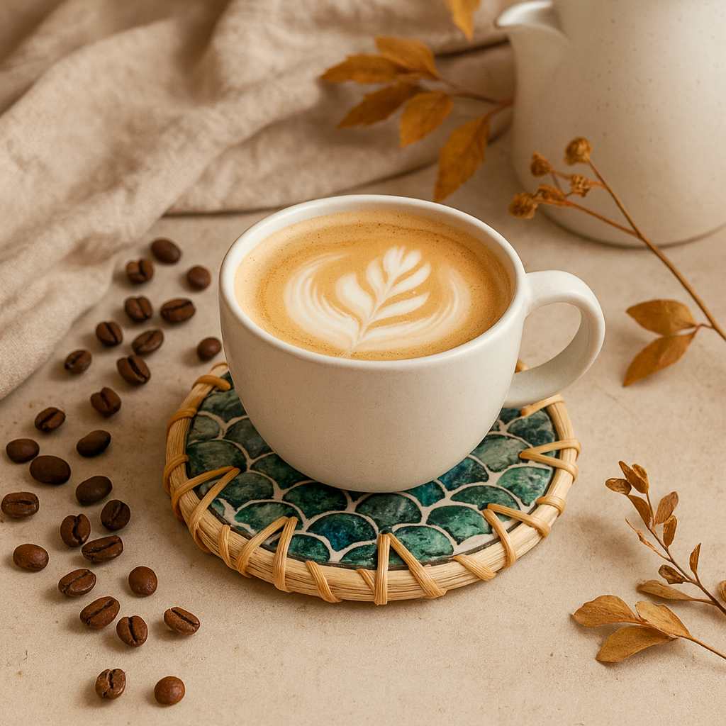 Rattan & Mother of Pearl Coaster Set | Handmade, 6-Piece with Holder